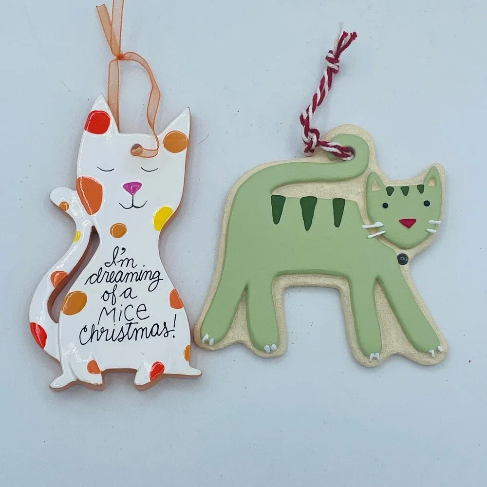 Pair of Hallmark Christmas Tree Ornaments Green & Polka Dot Cats HMK